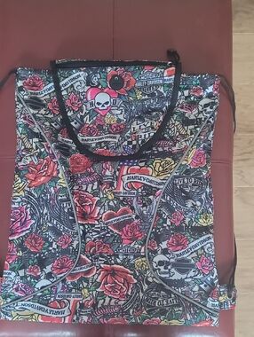 Harley-Davidson Black Floral Skull Tote with Pink and Yellow Accents